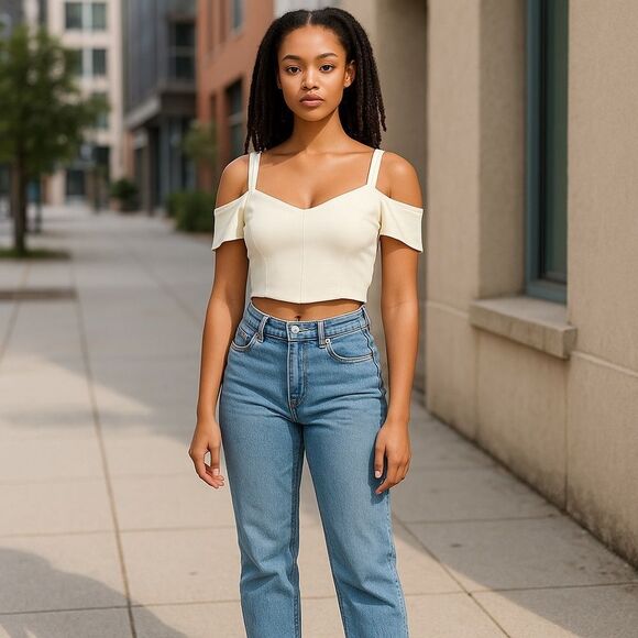 Topshop White Ivory Cold Shoulder Short Cap Sleeves Crop Zipper Back Top Size 0 - Picture 15 of 15